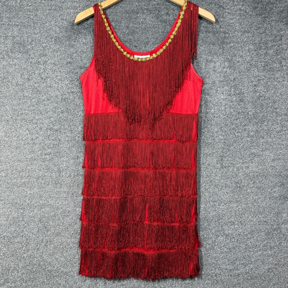 California Costume Collections Size M Red Fringe Flapper Dress Gold Sequin Trim